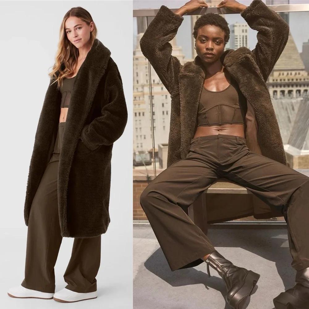 ALO Yoga Sherpa Oversized Trench Welt Pocket Coat Espresso Brown